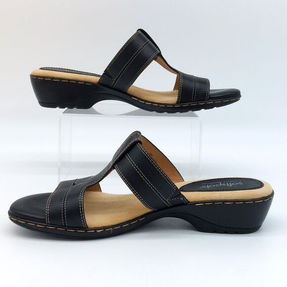 Softspots Pillowtop Sandals 7.5 M Black Leather Strappy Heel Slip-Ons Comfort - Picture 5 of 10